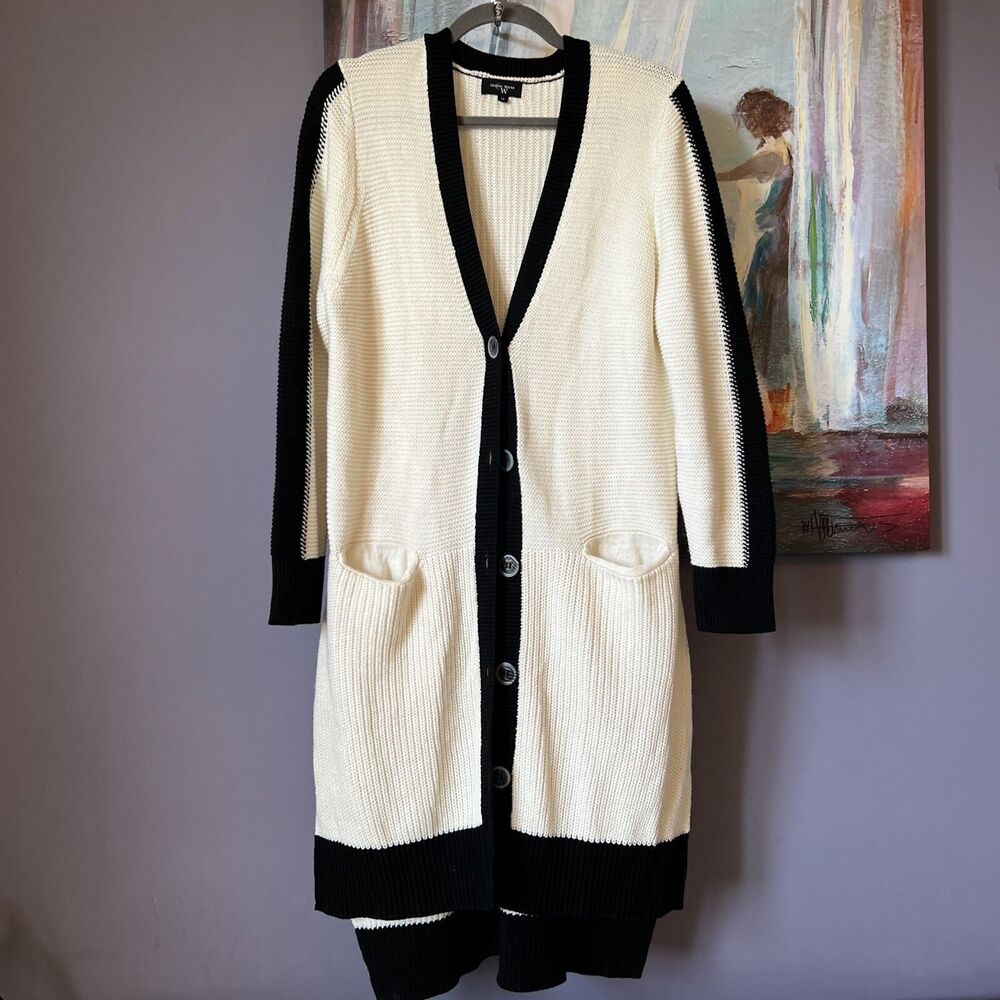 Colour Works Sz M Black/White Ikat Print Open Front Knit Cardigan Sweater 💖